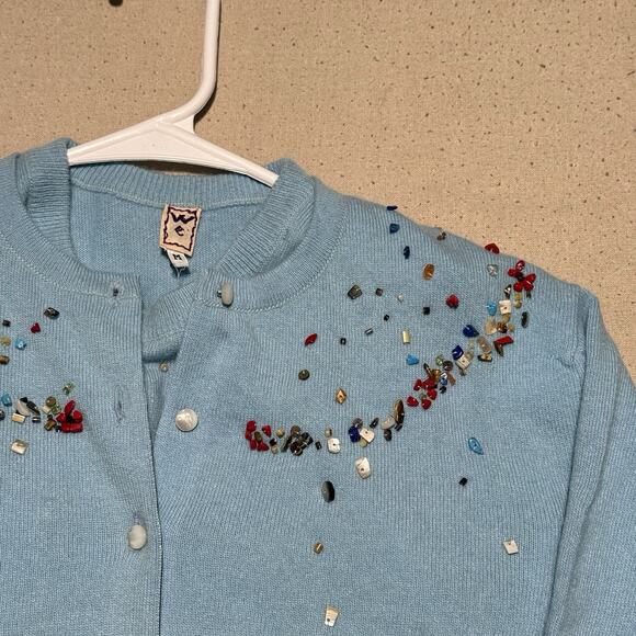 VTG We 100% Cashmere Cardigan & Vest Set Long Sleeve Beads Blue Sz M Scotland - Picture 3 of 13